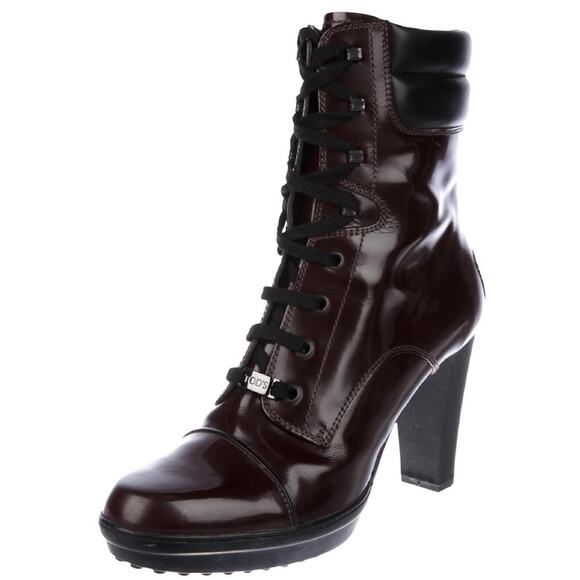 Tod’s Aspen Tronchetto Lace-Up Patent Leather Ankle Boots Brown 38.5 EU 8 US - Picture 1 of 12